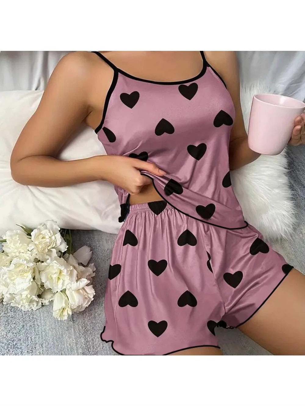 Pyjama Saint-Valentin imprimé en forme de cœur rose